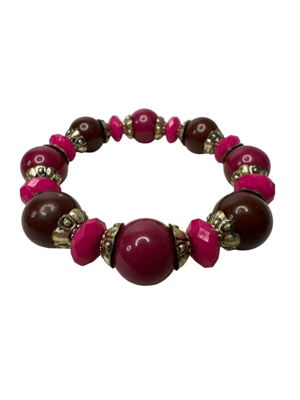 Chunky Bracelet Beaded Stretch Pink & Brown Beads Vintage-Style Fashion Jewelry